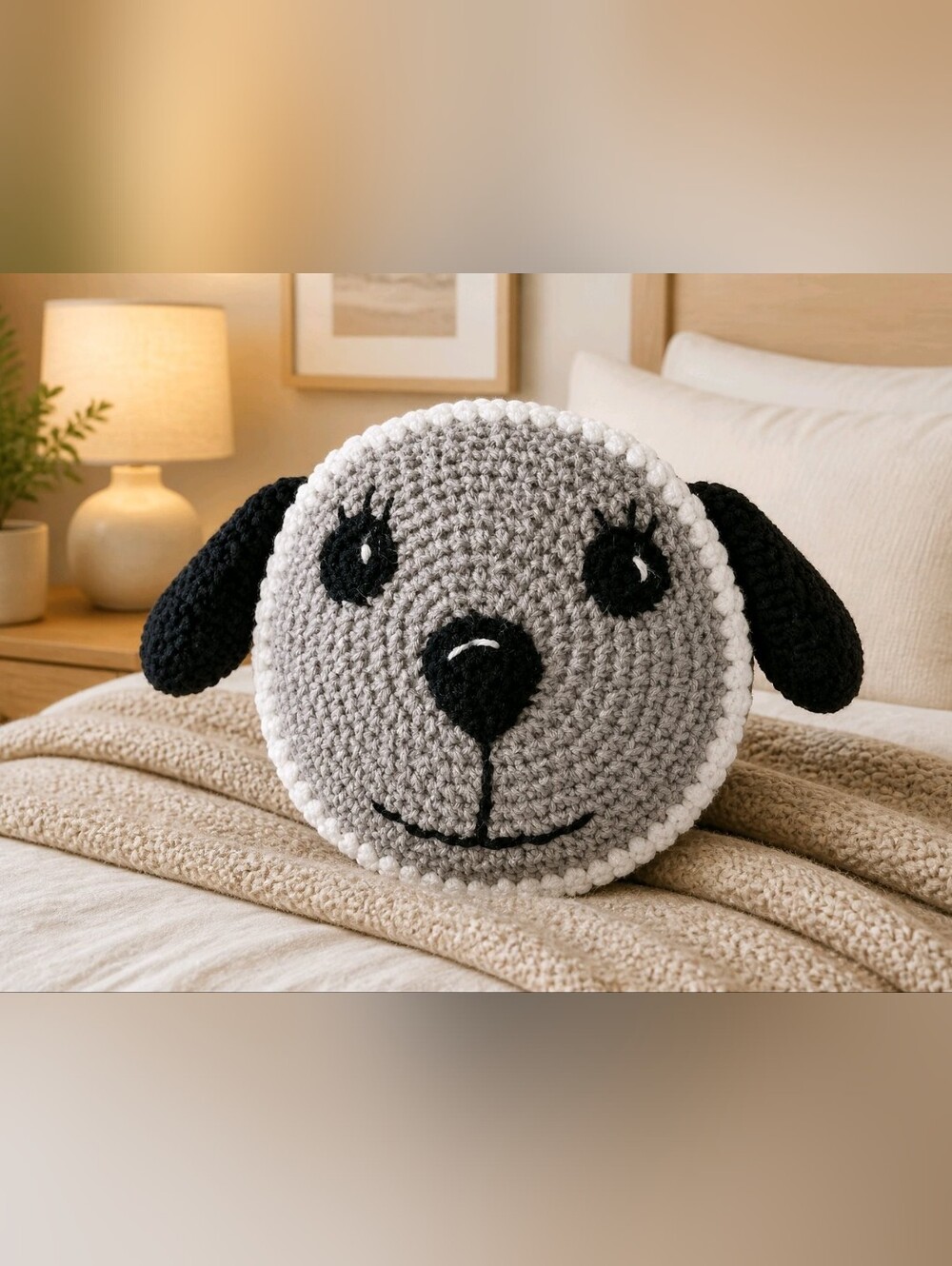 Handmade Amigurum 10in Crochet Puppy Dog Head Plush Pillow Neutral Nursery Decor